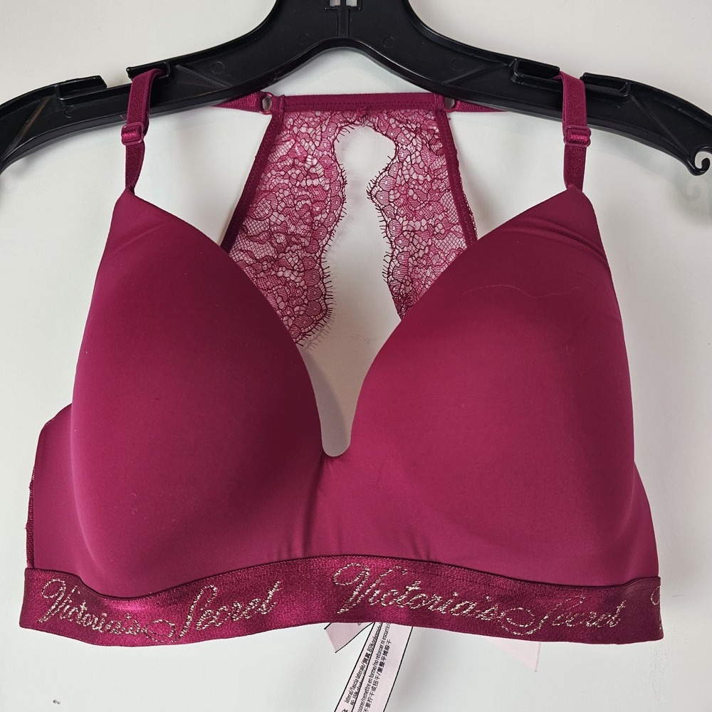 Victorias Secret Smooth Bralette Bra 32D Racerback Lace Raspberry Gold Spell Out